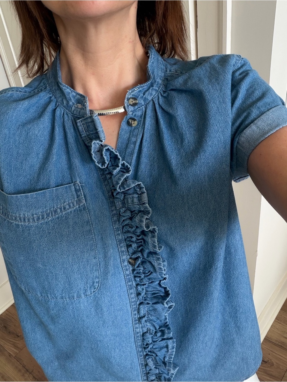 KMJ "CORI" Denim vertical Ruffle Button-Down Shirt - Light Blue - Picture 11 of 15